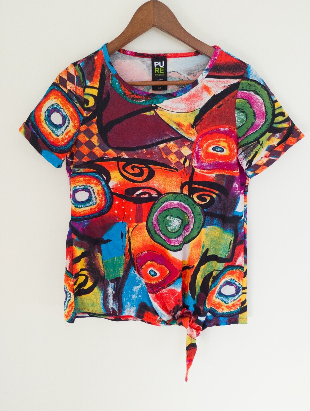Pure Essence Abstract Art Print Rayon Side Tie Short Sleeve Tee Top Small